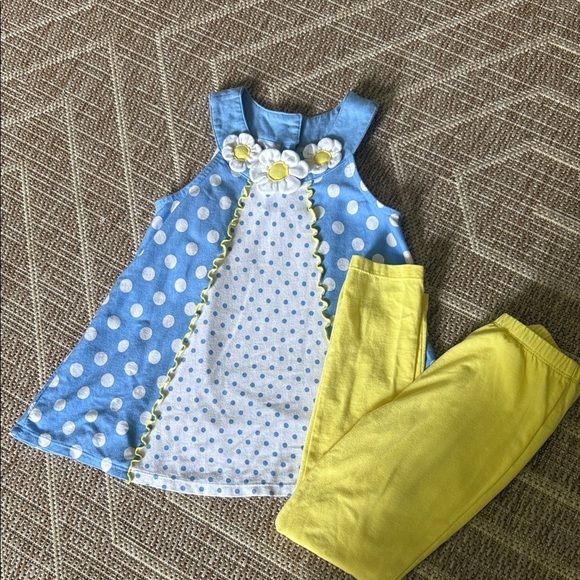 Kids Headquarters Blue Polka Dot Dress with Yellow Leggings - Picture 1 of 6